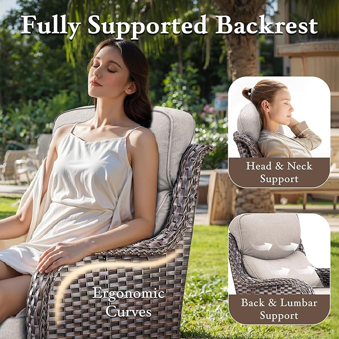 Luxury High Back Outdoor Furniture with 6-inch Extra Thick Cushions, Patio Furniture Set with Fire Pit Table & Swivel Chairs, 7 PCS Wicker Conversation Set for Yard, Deck, Poolside, Brown/Beige