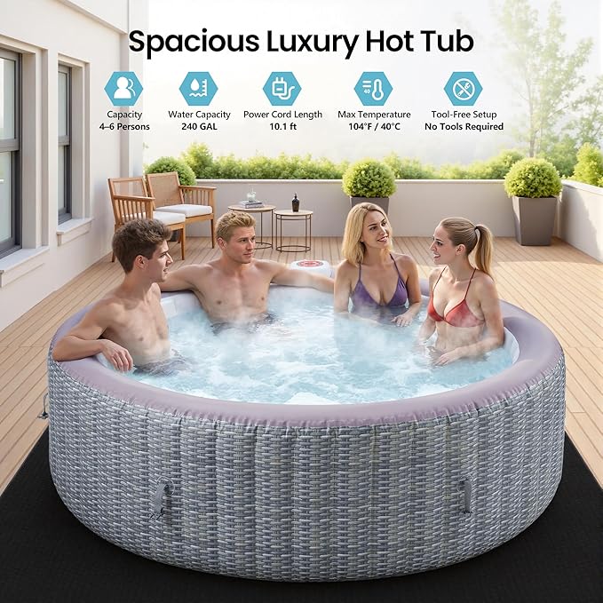 Inflatable Hot Tub for 4-6 People, Portable Bubble Massage Spa with 130 Soothing Jets, Built-in Heater Pump & 6 Filter Cartridges (Round)