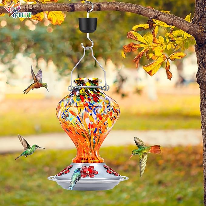 Hummingbird Feeders for Outdoors Hanging, BOLITE Glass Hummingbird Feeder, Hand Blown Twisted with Ant Moat and Five Feeding Ports, 24 Ounces, Leak Proof, Orange, Gifts for Women Men