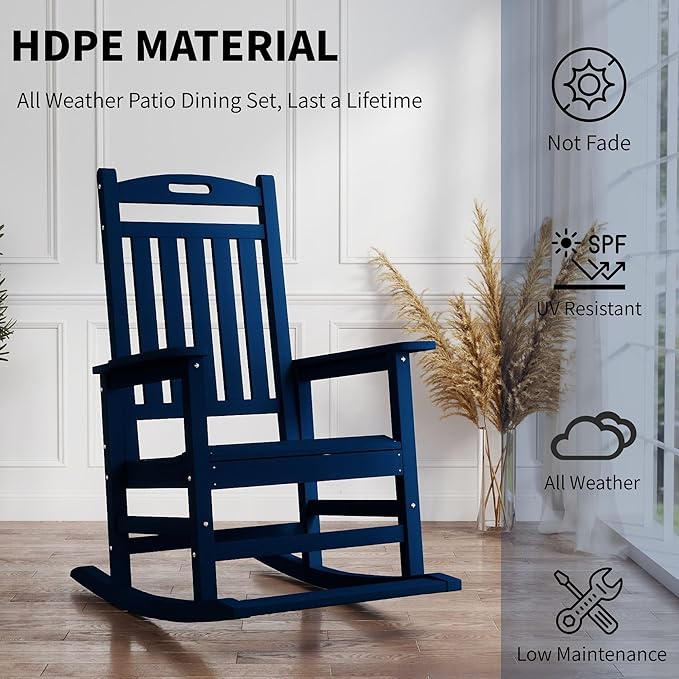Kingdura Outdoor Rocking Chairs Set of 2, HDPE Plastic Patio Rocking Chair All-Weather Oversized Porch Rocker with High Back for Patio Outside Backyard Balcony (Navy Blue)