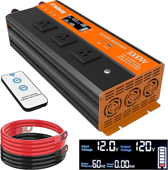 3000w Power Inverter, 12v DC to 120v AC Inverter with LCD Display, 3 Ac Sockets and USB-C & Qc 3.0 Port for Camping Emergency Vehicles Truck Rv Solar System