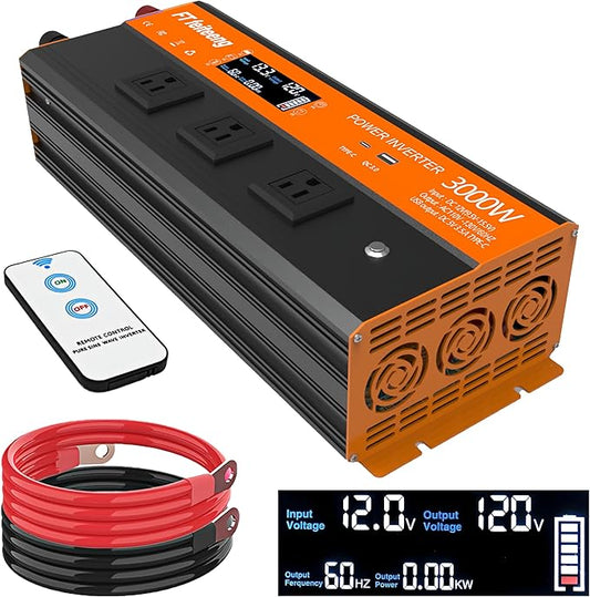 3000w Power Inverter, 12v DC to 120v AC Inverter with LCD Display, 3 Ac Sockets and USB-C & Qc 3.0 Port for Camping Emergency Vehicles Truck Rv Solar System