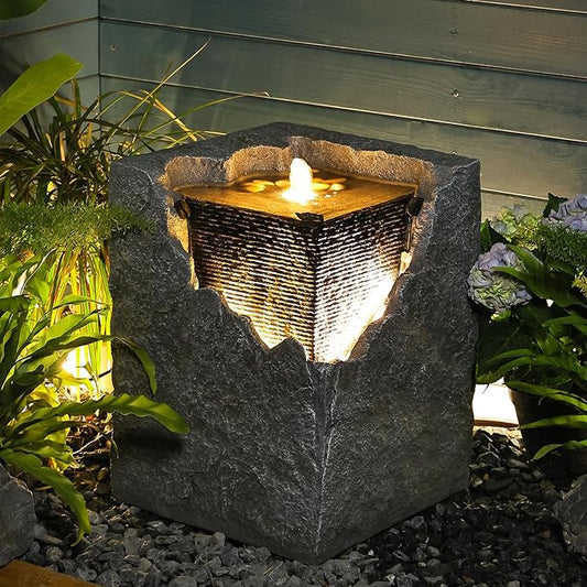 Garden Water Fountain Outdoor Bubbling Fountain Small Fountains Indoor Waterfall Floor Standing Water Fountains for Garden, Patio with LED Lights, Pump, Natural Stones