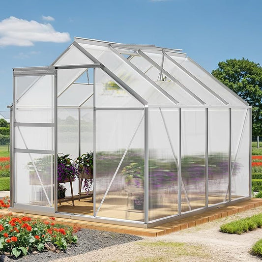 YITAHOME 6x8FT Polycarbonate Greenhouse Heavy Duty Green Houses Outdoor Aluminum Greenhouses with Sliding Doors Vent Window Walk-in Greenhouse Large Sun House for Garden Backyard, Matte Silver