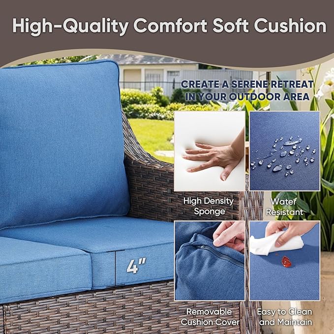 6 Pieces Outdoor Patio Furniture-High Back Rattan Wicker Couch with Outdoor Chairs Patio Conversation Sets for Porch Garden Backyard Poolside-Brown/Blue