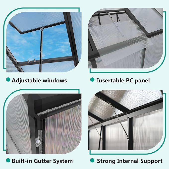 10 * 14 * 8.7FT Greenhouse for Outdoors,Polycarbonate Greenhouse with Stronger Wind Protection and Roof Vent,Walk-in Large Aluminum Sunroom Winter Proof,Black