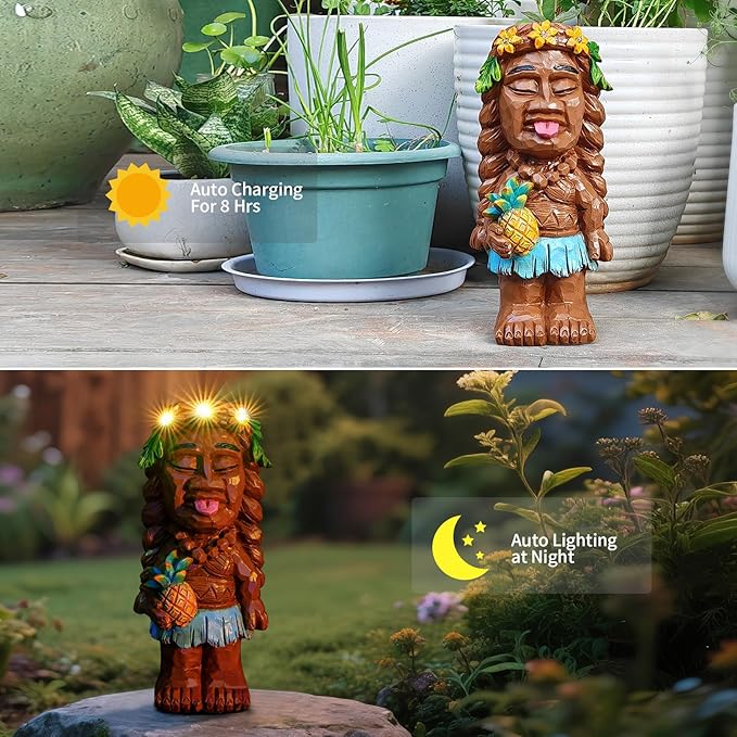 Solar Tiki Girl Garden Statues Tiki Lady Holding Pineapple Figurine with Flower LED Lights Bar Patio Porch Yard Outdoor Decorations Christmas Thanksgiving Birthday Gardening Gift for Mom Women