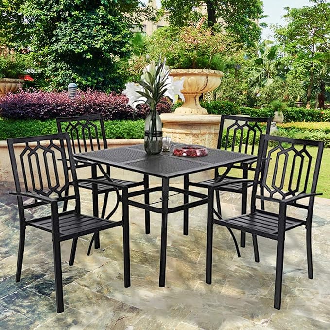 PHI VILLA Patio Dining Set 5 Pcs 1 Metal Square Garden Umbrella Table 37" and 4 Armrest Chairs Support 300 lbs for Ourdoor Backyard Bistro Furniture Set