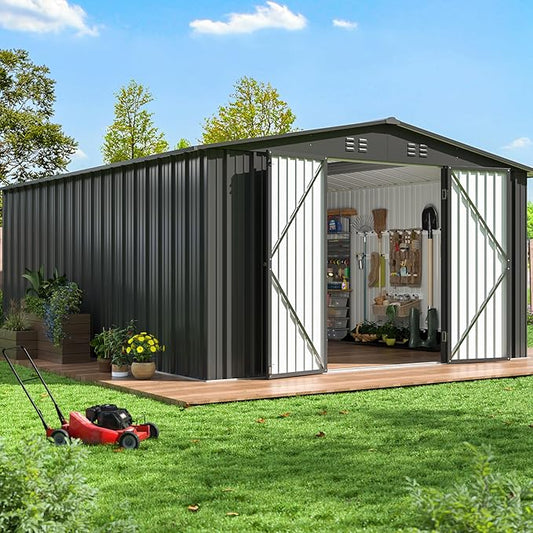 14X12 FT Outdoor Storage Shed, Durable Metal Outside Storage with Lockable Doors, Waterproof Storage Shed for Tools, Equipment, Ideal for Backyard Garden Patio Lawn