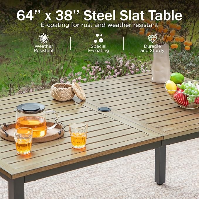 PHI VILLA Patio Dining Table and Chairs, 6 Swivel Dining Chairs with Armrest, Brown Metal Slat Table Top with 1.6" Umbrella Hole, Rustproof E-Coating for All Weather