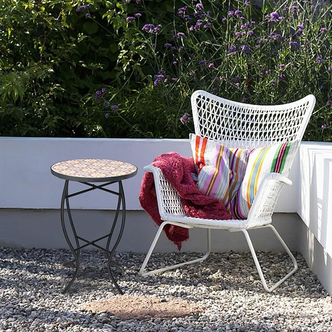 VCUTEKA Mosaic Outdoor Side Table - Small Patio Table Coffee Table Outside Accent Table Round End Plant Table for Bistro Balcony Porch Outdoor Benches 14'' Mosaic Table