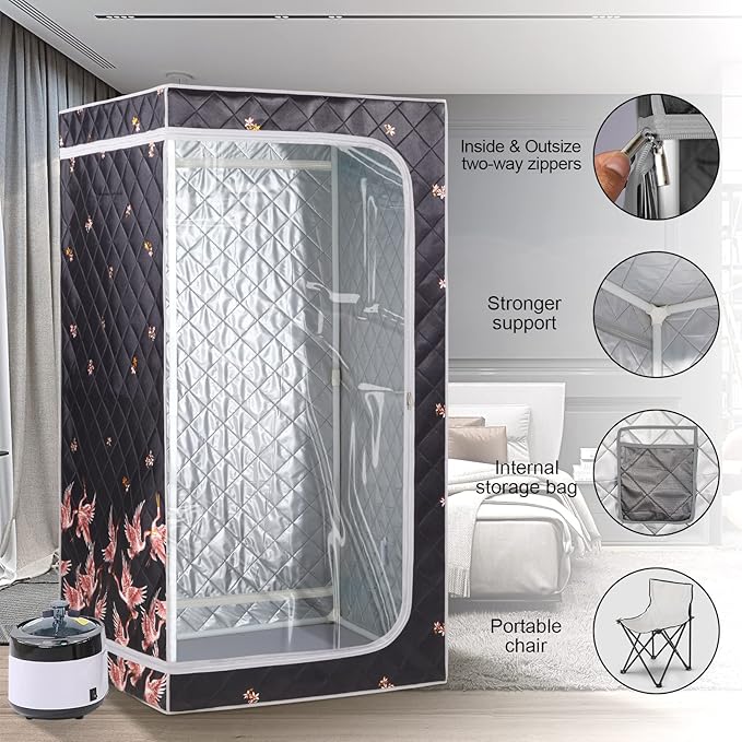 ZONEMEL Full Size Portable Steam Sauna, Personal Home Spa, 1500 Watt 4 Liter Steamer with Remote Control, Timer, Foldable Chair (L 33.8" x W 33.8" x H 65.7",Crane1)