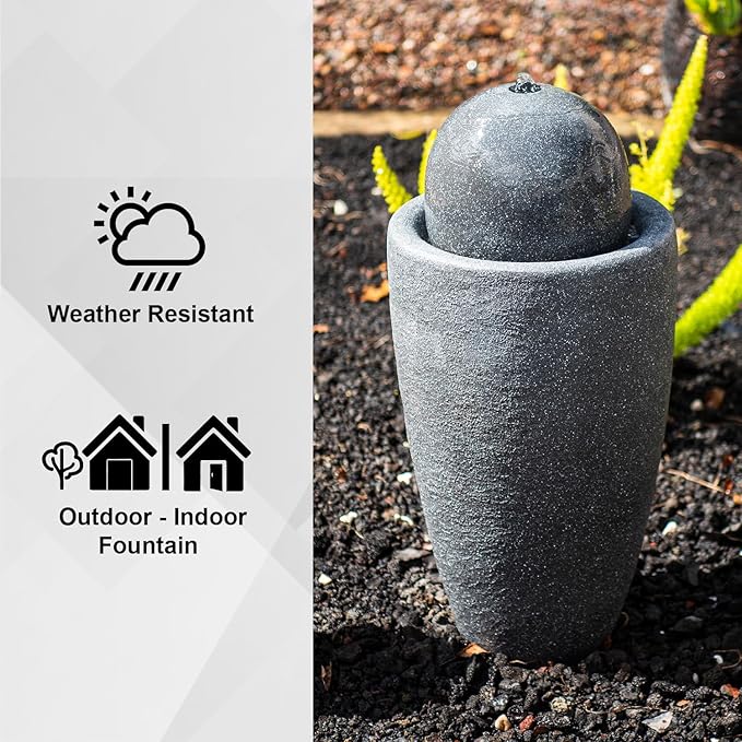 XBrand 25.98" H Round Stone Indoor/Outdoor Modern Stone Textured Sphere Water Fountain w/LED Lights, Ball Fountain Decor, Gray
