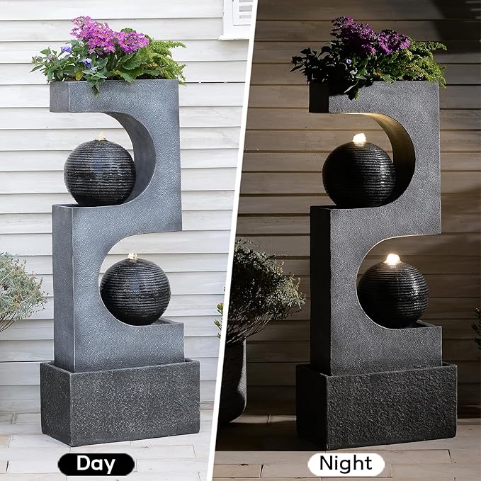 46''H Outdoor Water Fountain with LED Light, Modern Sphere Floor Waterfalls Fountains Indoor for Garden Patio Yard Deck Home Decor Lawn Porch House