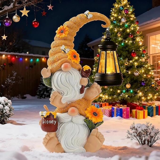 Christmas Garden Gnome Statue with Solar Lights – Large Outdoor Sculptures for Patio, Lawn, Yard – Ideal Gifts for Moms, Women, Grandma, Birthdays, – Funny Double Gnomes Decoration for Christmas