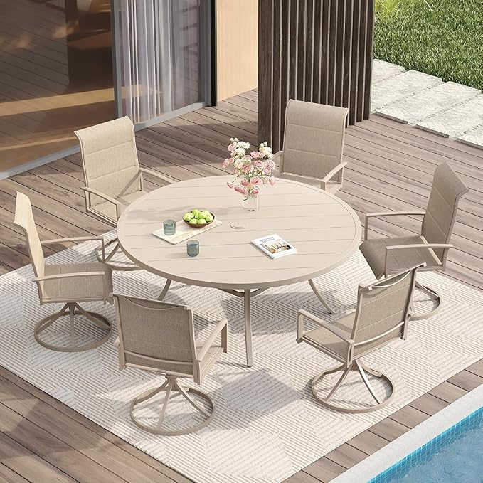VICLLAX 7 Pieces Patio Dining Set for 6-Outdoor Furniture Includes 53" Round Outdoor Table and Swivel Padded Chairs, Sandshell Color Tabletop and Fabric