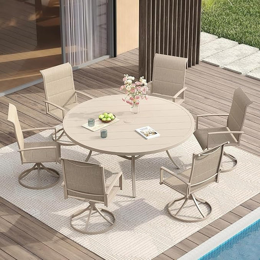 VICLLAX 7 Pieces Patio Dining Set for 6-Outdoor Furniture Includes 53" Round Outdoor Table and Swivel Padded Chairs, Sandshell Color Tabletop and Fabric