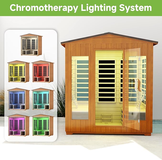 Springspa Outdoor Sauna 4 Person, Infrared Sauna for Home, Wooden Outdoor Saunas Room, 3400 Low EMF Far Infrared with Bluetooth, LCD Panel, 7 Color Chromotherapy Lamp, Reading Lamp
