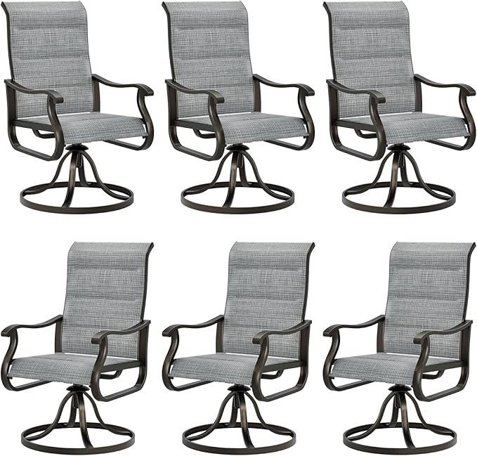 UDPATIO Patio Swivel Dining Chairs Set of 6, Outdoor Swivel Chairs High Back with All Weather Padded Textilene, Metal Rocking Frame for Lawn Garden Backyard, Grey White