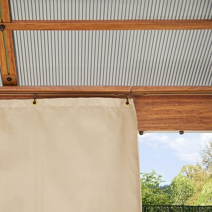 TOOLPORT Hardtop Gazebo 13x13 ft with Polycarbonate Roof - Wood-Like Finish - 4 Side Panels in Champagne