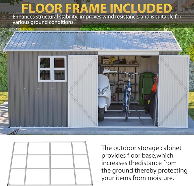 12x10 FT Outdoor Metal Storage Shed, Large Garden Tool Sheds with Lockable Doors, Waterproof Steel Utility Storage Building, Heavy Duty Equipment Shed for Backyard Patio Lawn Garden, Grey