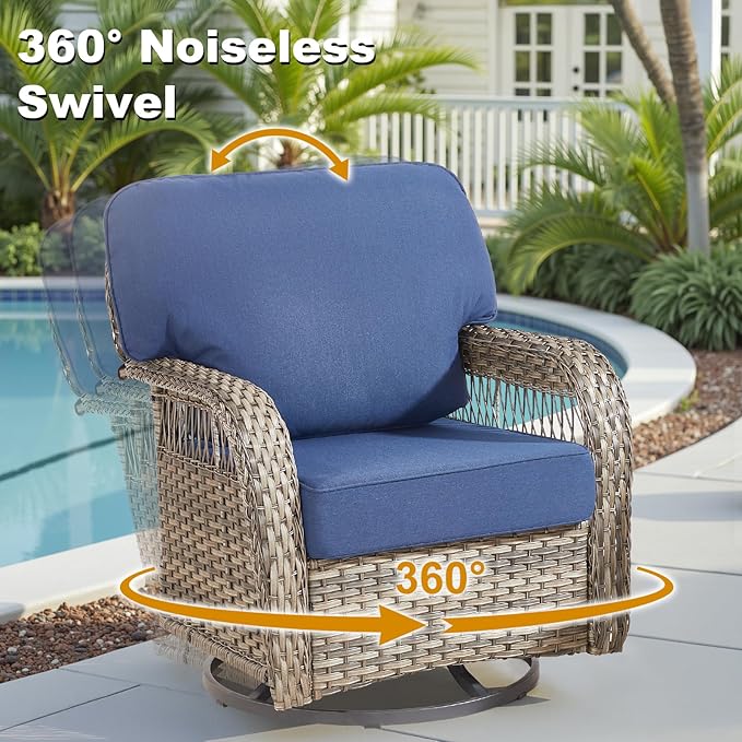 Patio Furniture Sets, 6 Pieces Wicker Outdoor Furniture with Patio Sidetables - 360 Degree Swivel Rocking Chairs and Rattan Side Table for Garden, Porch, Backyard, Blue/Gray Wicker
