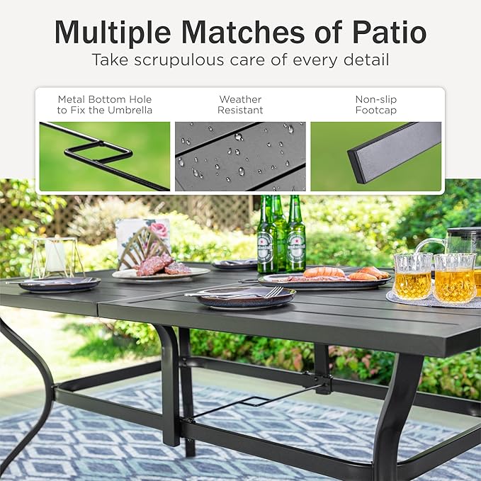 PHI VILLA 7 Piece Patio Dining Set with Outdoor Table and Chairs, Outdoor Dining Set with 6 Patio Folding Sling Chair with Armrest & 1 Rectangle Patio Dining Table with 1.57" Umbrella Hole (Grey)