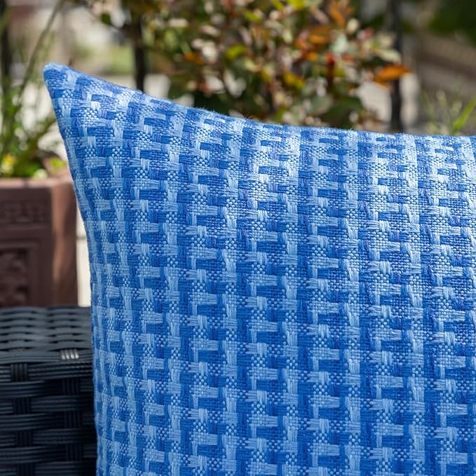 Kevin Textile Outdoor Waterproof Throw Pillow Covers Pack of 2 Weaving Texture Water Resistant Outside Decorative Cushion Covers for Garden Patio Tent Balcony Bench Couch Sofa 18x18 Inch, Blue