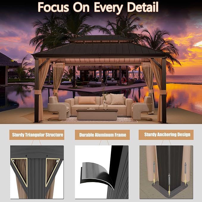 10'x14' Hardtop Gazebo, Outdoor Aluminum Patio Gazebo Double Roof Galvanized Steel Canopy with Netting and Curtains,for Garden, Patio, Backyard, Deck and Lawns.