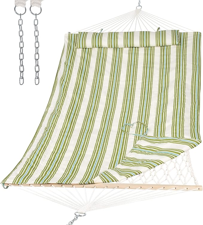SUNCREAT Portable 2 Person Hammock with Hardwood Spreader Bar, Cotton Rope Outdoor Hammock with Polyester Pad, Green&Beige