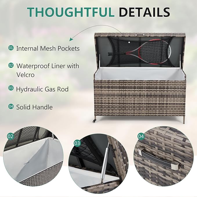 AVAWING 240 Gallon Wicker Deck Box, Outdoor Storage Box with Portable Wheels and Handles, Waterproof Patio Rattan Container for Garden, Balcony, Yard (Grey)