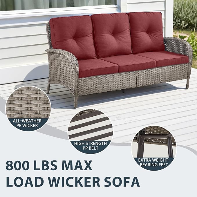 7 Piece Patio Furniture Set - Wicker Patio Conversation Set with Swivel Glider, 3 Seat Sofa, 2 Ottomans, Glass Side Table and Coffee Table for Deck Backyard - Grey Wicker Red Cushion