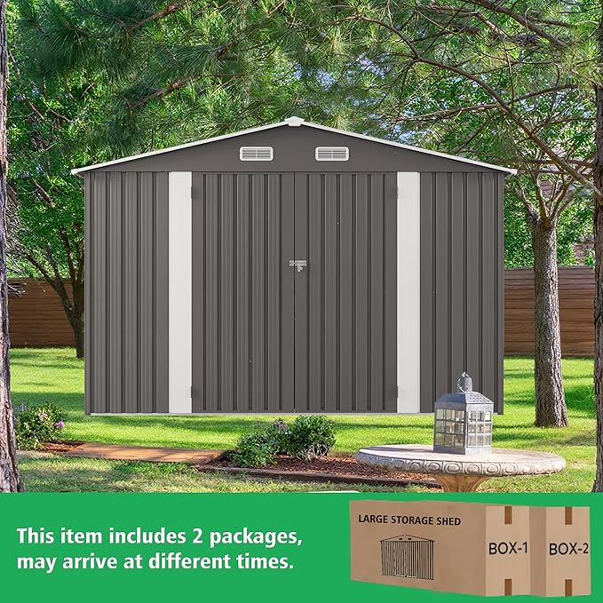 10x12 FT Outdoor Storage Shed,Large Metal Garden Shed with Double Door and Two Windows Waterproof Tool Shed for Backyard Patio Lawn Poolside,Grey