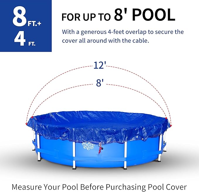 12Ft Pool Covers for (8Ft) Above Ground Pools, Winter Pool Cover,Heavy Duty Above Ground Pool Cover Includes Winch and Cable,UV Protection, Strength&Durability,Blue/Black(Cover Only)