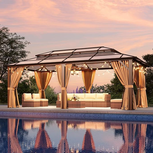 Aoxun Hardtop Gazebo, Aluminum Frame Permanent Pavilion with Netting and Curtains, Outdoor Polycarbonate Double Roof Canopy, Designed for Lawn, Garden, Patio (Brown, 12'x20' with Ground Anchor)