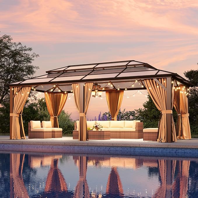 Aoxun 12'x20' Hardtop Gazebo, Aluminum Frame Permanent Pavilion with Netting and Curtains, Outdoor Polycarbonate Double Roof Canopy, Designed for Lawn, Garden, Patio (Brown)
