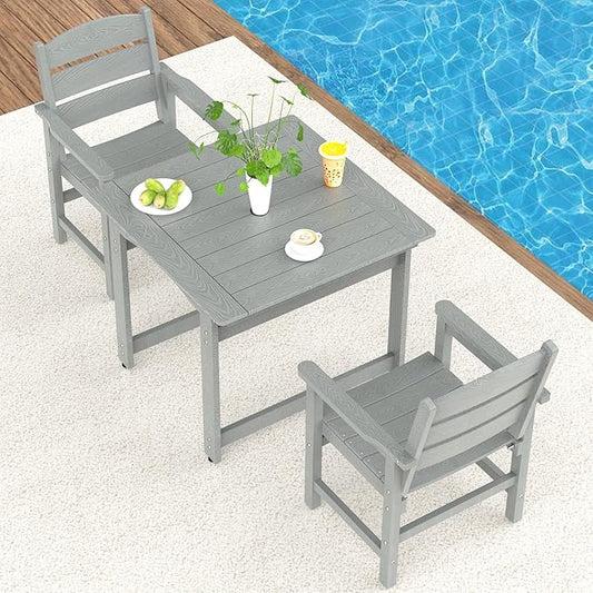 3-Piece HIPS Patio Dining Set, Outdoor Dining Table and Chairs Set with Umbrella Hole, Weatherproof Dining Table Set for 2 Person, Patio Furniture Set for Outside Deck, Grey