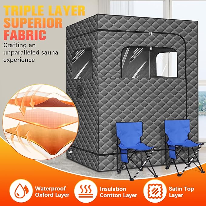 2 Person Portable Steam Sauna for Home, Extra Large Sauna Box for Relaxation, Detoxification, 2 Steamer, 2 Foldable Chair & Remote Control, Grey