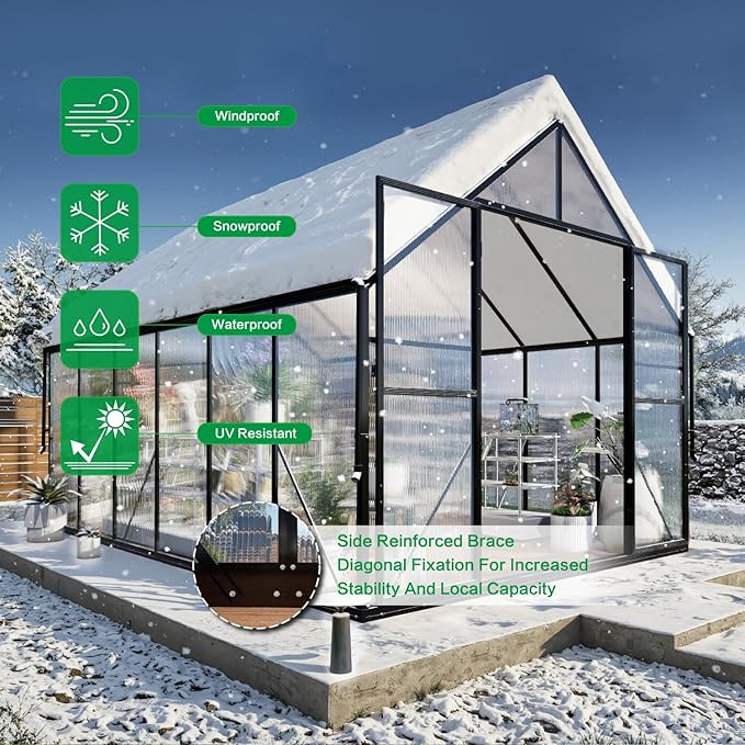 8x12 FT Greenhouse for Outdoors, Polycarbonate Green House with Adjustable Roof Vent and Rain Gutter, Aluminum Large Walk-in Greenhouse with Quick Setup Structure for Outside Garden Backyard Patio