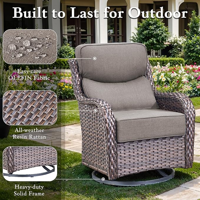 Luxury High Back Outdoor Furniture with 6-inch Extra Thick Cushions, Patio Furniture Set with Swivel Chairs, 4 PCS Wicker Conversation Set for Yard, Deck, Poolside, Brown/Grey