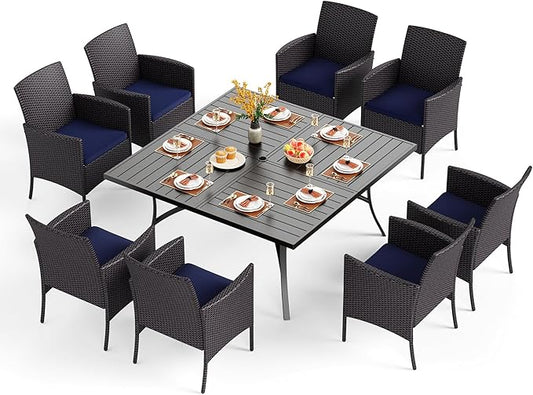 PHI VILLA 9 Pieces Square Outdoor Dining Set for 8, 60” Metal Iron Dining Table & Rattan Wicker Chairs with Cushions, Large Dining Furniture Set for Patio, Deck, Yard, Porch