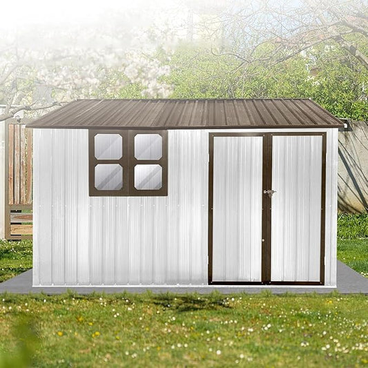 10x8FT Outdoor Metal Storage Shed with Window & Pent Roof – Heavy-Duty Steel Garden Shed, Secure Hinged Door, Weatherproof for Tools, Bikes & Lawn Equipment