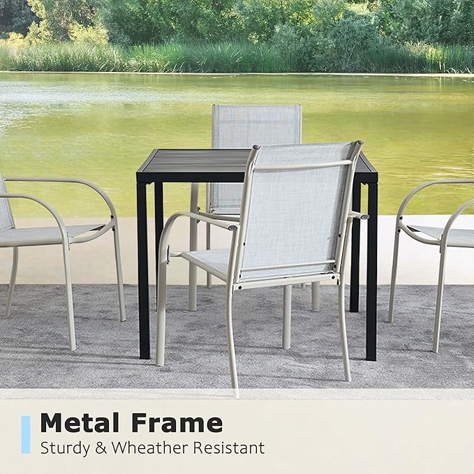 5 Pieces Round Dining Table Set for 4, Patio Dining Set Includes 4 Beige Blue Stackable Patio Chairs and Black Square Table, Patio Furniture Sets with Sling Support for Outside, Garden