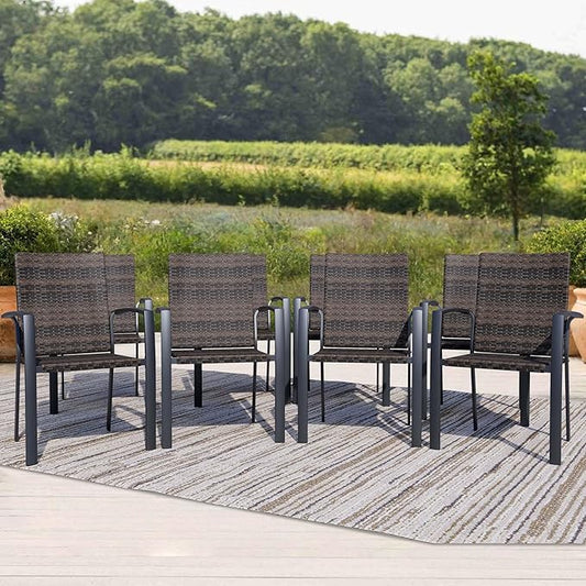 Outdoor Dining Chairs Set of 8, Stackable Patio Chairs with Woven Rattan Back & Seat, Perfect for Patio, Garden, or Deck, Rattan Gray Brown