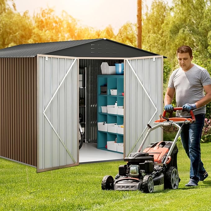 8x12 FT Outdoor Metal Storage Shed, Large Metal Storage Sheds with Sturdy Frame Structure, Garden Tool Shed with Lockable Door for Garden, Lawn, Backyard, Brown