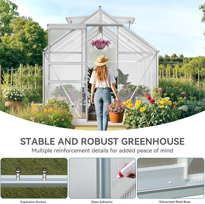 YITAHOME 6x8FT Polycarbonate Greenhouse Heavy Duty Green Houses Outdoor Aluminum Greenhouses with Sliding Doors Vent Window Walk-in Greenhouse Large Sun House for Garden Backyard, Matte Silver