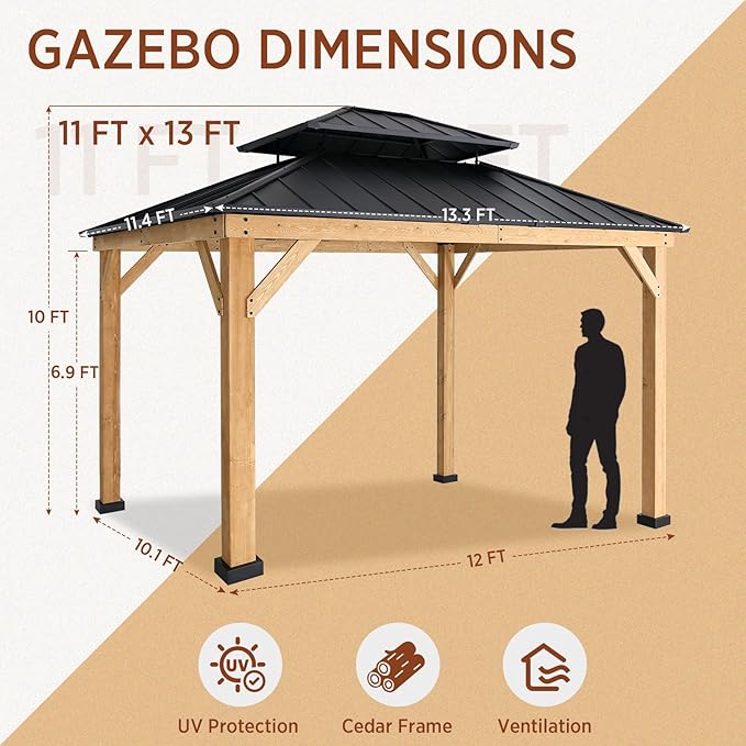 COOS BAY 11x13 Hardtop Gazebo with Cedar Wood Frame, Galvanized Steel Double Roof Outdoor Pavilion for Garden, Lawn, Poolside, Patio, Deck, Natural Wood/Black