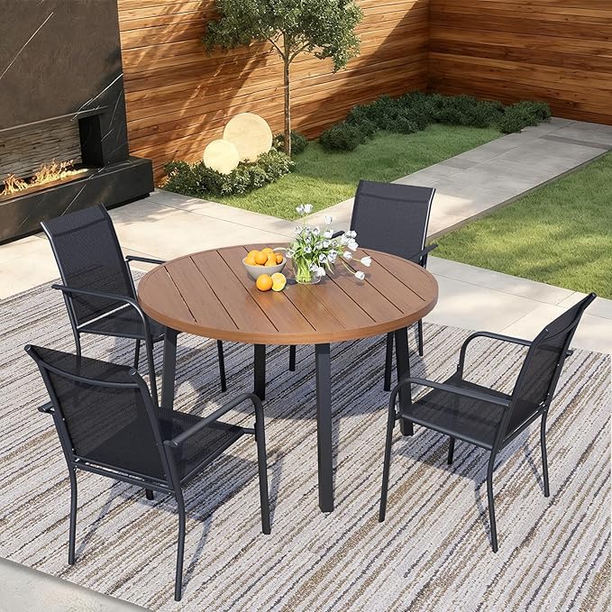 5 Pieces Round Dining Table Set for 4, Patio Dining Set Includes 4 Black Stackable Patio Chairs and 1 Walnut Round Table, Patio Furniture Sets with Sling Support for Outside, Garden