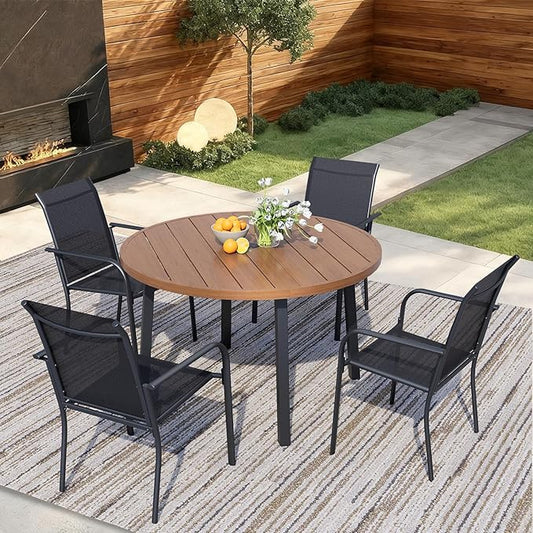 5 Pieces Round Dining Table Set for 4, Patio Dining Set Includes 4 Black Stackable Patio Chairs and 1 Walnut Round Table, Patio Furniture Sets with Sling Support for Outside, Garden