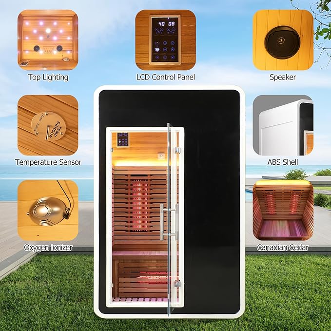 2 Person Infrared Sauna for Home,Canadian Cedar Outdoor Wooden Dry Sauna with Rapid Heating Tubes&Carbon Plate,LCD Control Panel and Tempered Glass Door (2-Person)